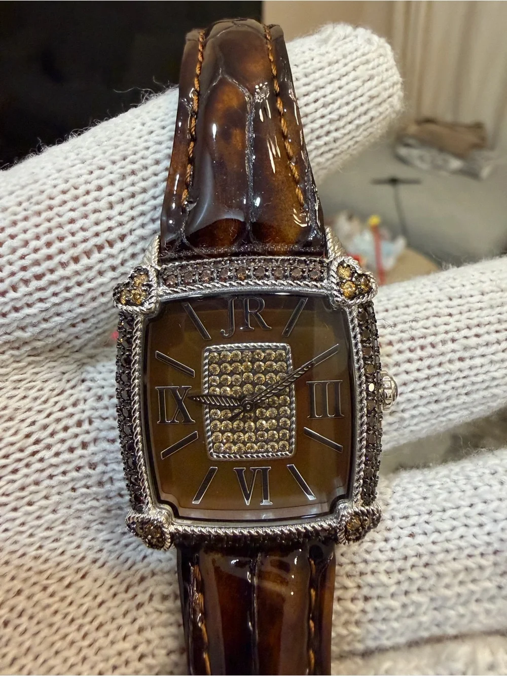 Judith Ripka Monaco Watch Brown Face Pave CZ Crystal Heart Tortoise Strap Runs